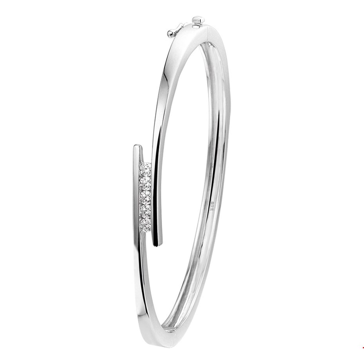 Beschrijving: Gerhodineerd zilveren slavenarmband met zirkonia en een scharnier-sluiting. 
Verpakt per: 1
Doelgroep: dames
Breedte: 7.5 mm
Zetting: entourage (rail zetting)