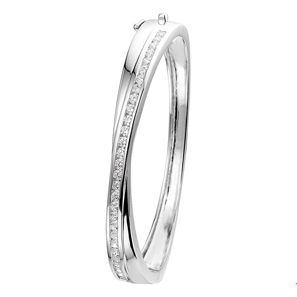 Beschrijving: Gerhodineerd zilveren slavenarmband met zirkonia en een scharnier-sluiting. 
Verpakt per: 1
Doelgroep: dames
Breedte: 7.5 mm
Zetting: entourage (rail zetting)
