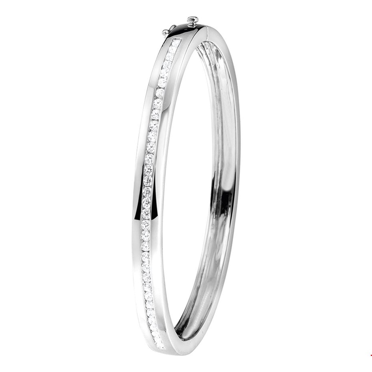 Beschrijving: Gerhodineerd zilveren Bangle armband met zirkonia en een scharnier-sluiting. 
Uniekenummer serie: 32241
Verpakt per: 1
Doelgroep: dames
Breedte: 6 mm
Zetting: alliance (rail zetting)