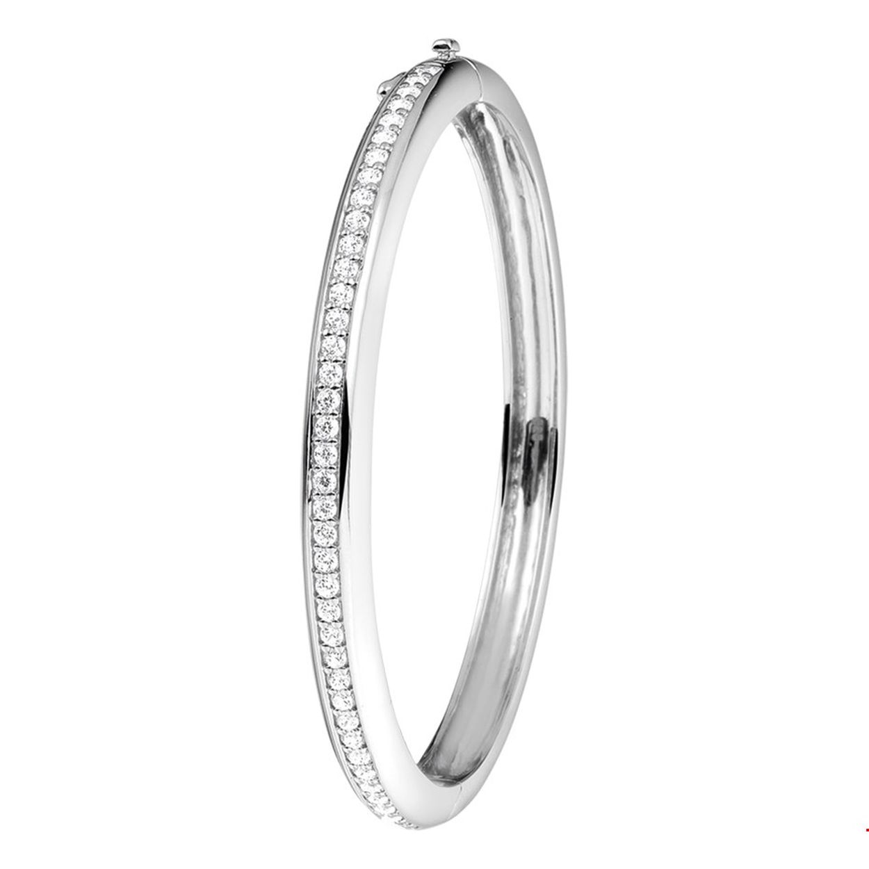 Beschrijving: Gerhodineerd zilveren slavenarmband met zirkonia en een scharnier-sluiting. 
Verpakt per: 1
Doelgroep: dames
Breedte: 6 mm
Zetting: alliance (rijzetting)