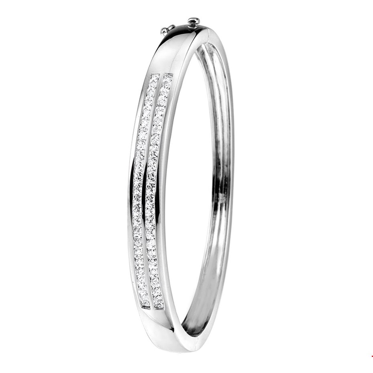 Gerhodineerd zilveren bangle armband met zirkonia en een scharnier-sluiting. 