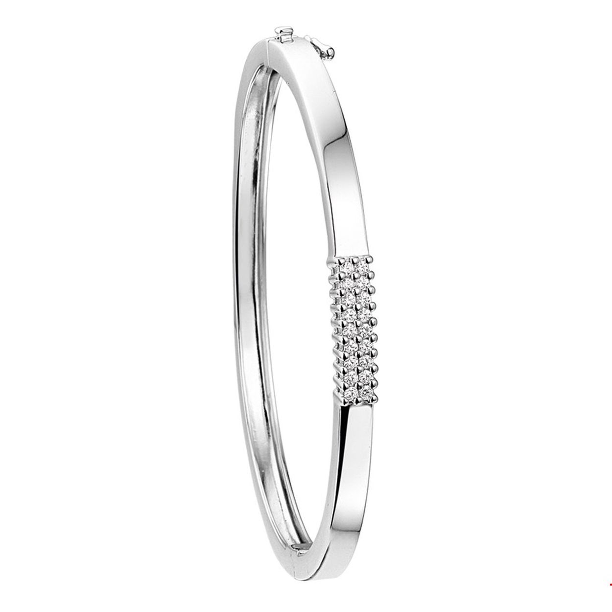 Beschrijving: Gerhodineerd zilveren slavenarmband met zirkonia en een scharnier-sluiting. 
Verpakt per: 1
Doelgroep: dames
Breedte: 4.5 mm
Zetting: pave
