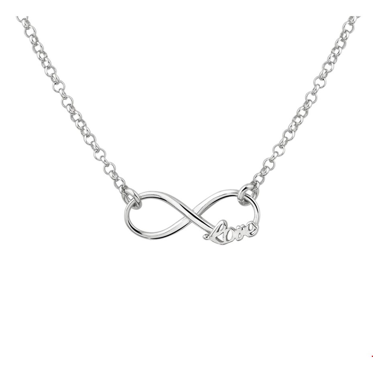 Beschrijving: Infinity is het symbool van nu. Dit fijne collier kan daarom echt niet ontbreken in jouw sieraden-stash! Details: Gerhodineerd zilveren collier met infinity teken en de tekst love. De lengte bedraagt 40cm met 4cm extensie. De schakelbreedte bedraagt 2.0mm. Het collier is onderdeel van een set.
Verpakt per: 1
Doelgroep: dames
Breedte: 2 mm
Kortste lengte: 40 mm
Langste lengte: 44 mm