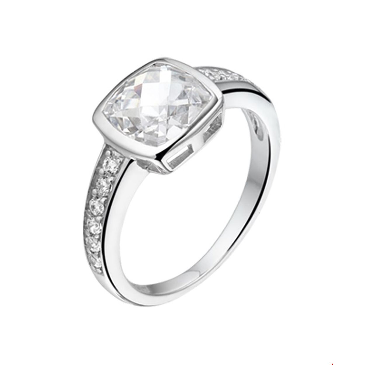 Beschrijving: Gerhodineerd zilveren ring met zirkonia. 
Uniekenummer serie: 28573
Verpakt per: 1
Doelgroep: dames
Ringmaat: 17.75 mm (56)
Breedte: 10 mm
Zetting: entourage (rijzetting)