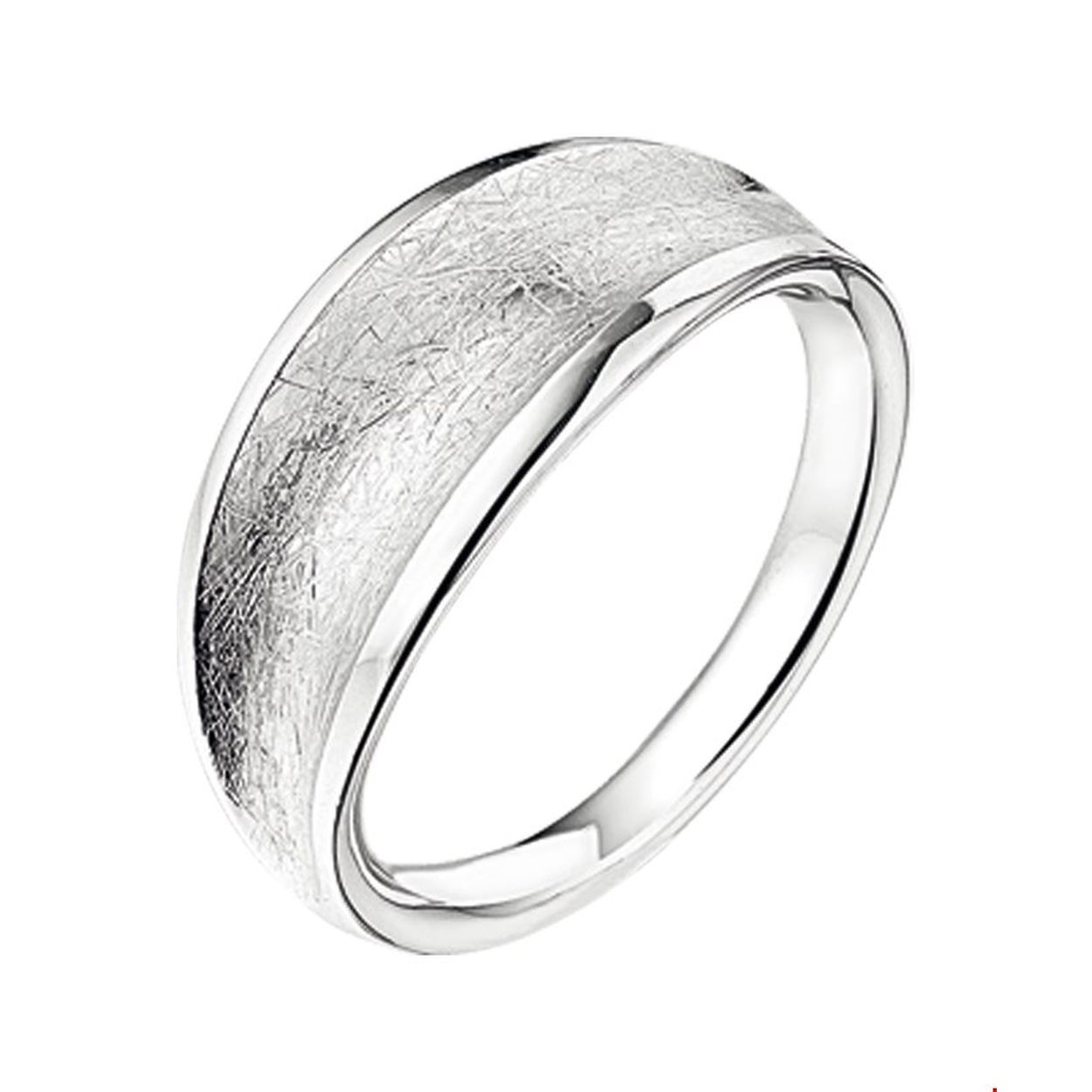 Beschrijving: Gerhodineerd zilveren ring met een poli/gescratchte afwerking. 
Uniekenummer serie: 31121
Verpakt per: 1
Doelgroep: dames
Ringmaat: 18.50 mm (58)
Breedte: 9 mm