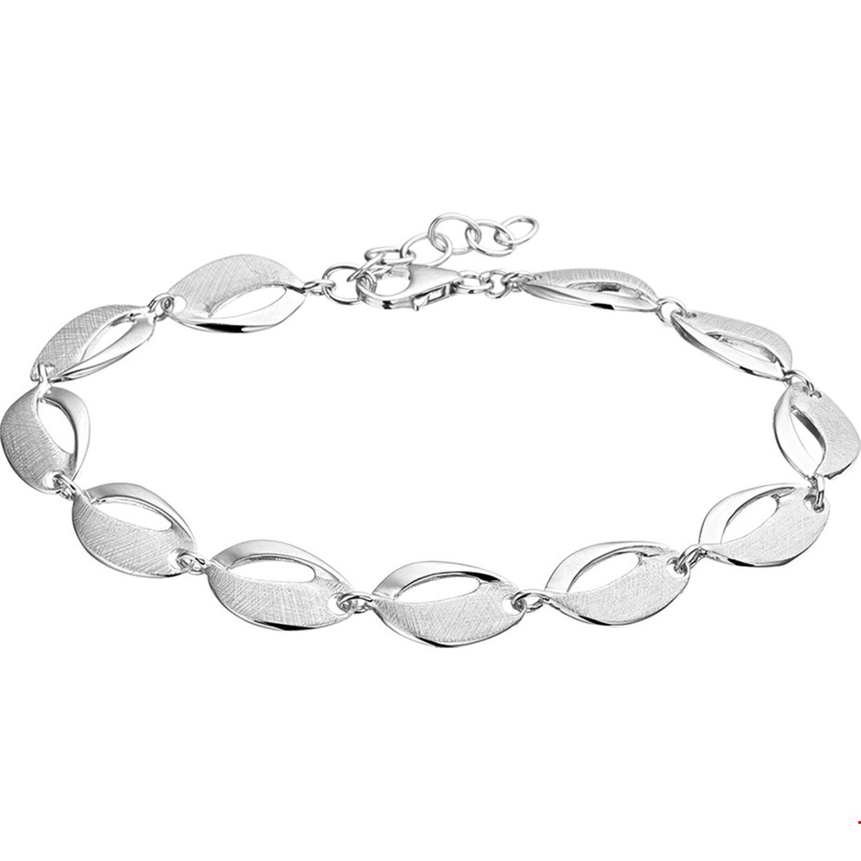 Gerhodineerd zilveren armband met een poli/gescratchte afwerking. 
Doelgroep: dames
Breedte: 8.3 mm
Kortste lengte: 18 mm
Langste lengte: 20.5 mm
