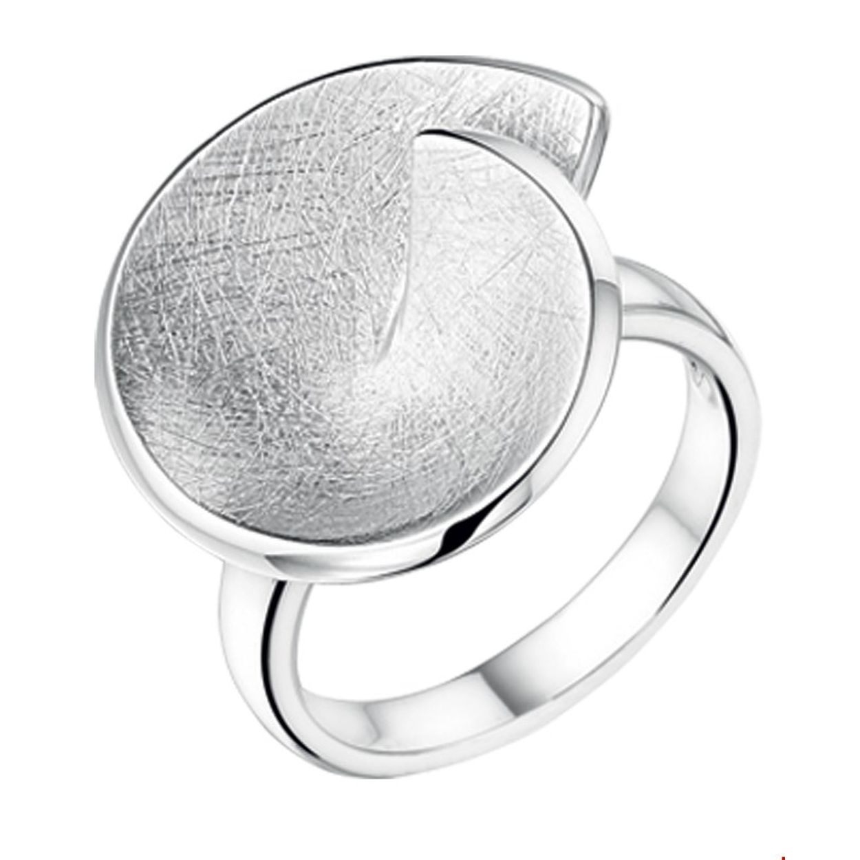 Beschrijving: Gerhodineerd zilveren ring met een poli/gescratchte afwerking. 
Doelgroep: dames
Ringmaat: 17.75 mm (56)
Breedte: 19 mm