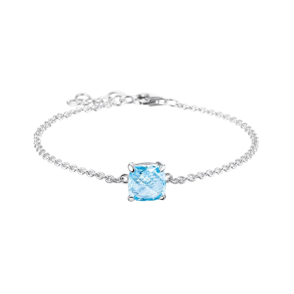De armband is gemaakt van gerhodineerd zilver en is blauwkleurig. Het is een sieraad voor dames.