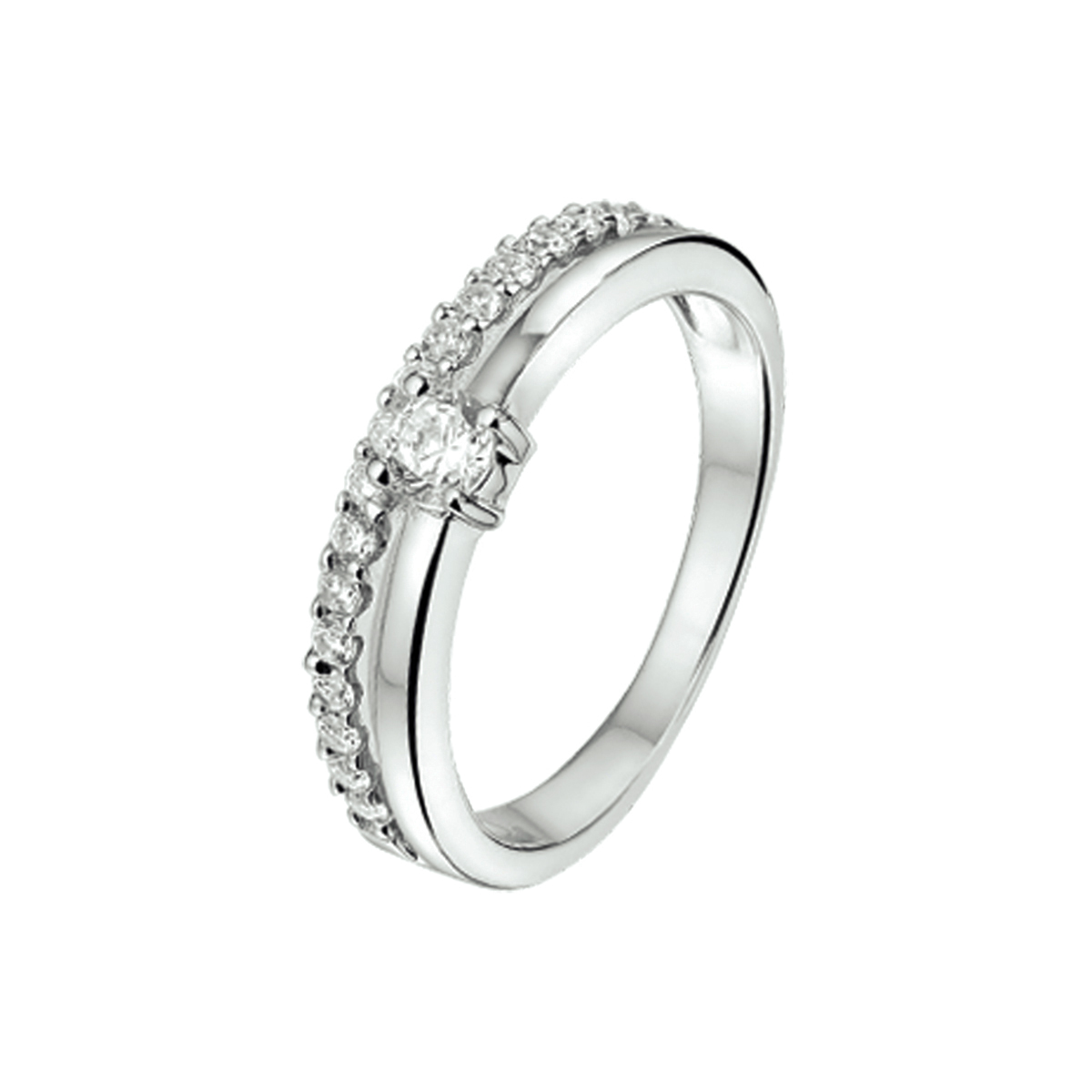 Beschrijving: Gerhodineerd zilveren ring met zirkonia. 
Uniekenummer serie: 31568
Verpakt per: 1
Doelgroep: dames
Ringmaat: 16.50 mm (52)
Breedte: 5 mm
Zetting: entourage (rijzetting)