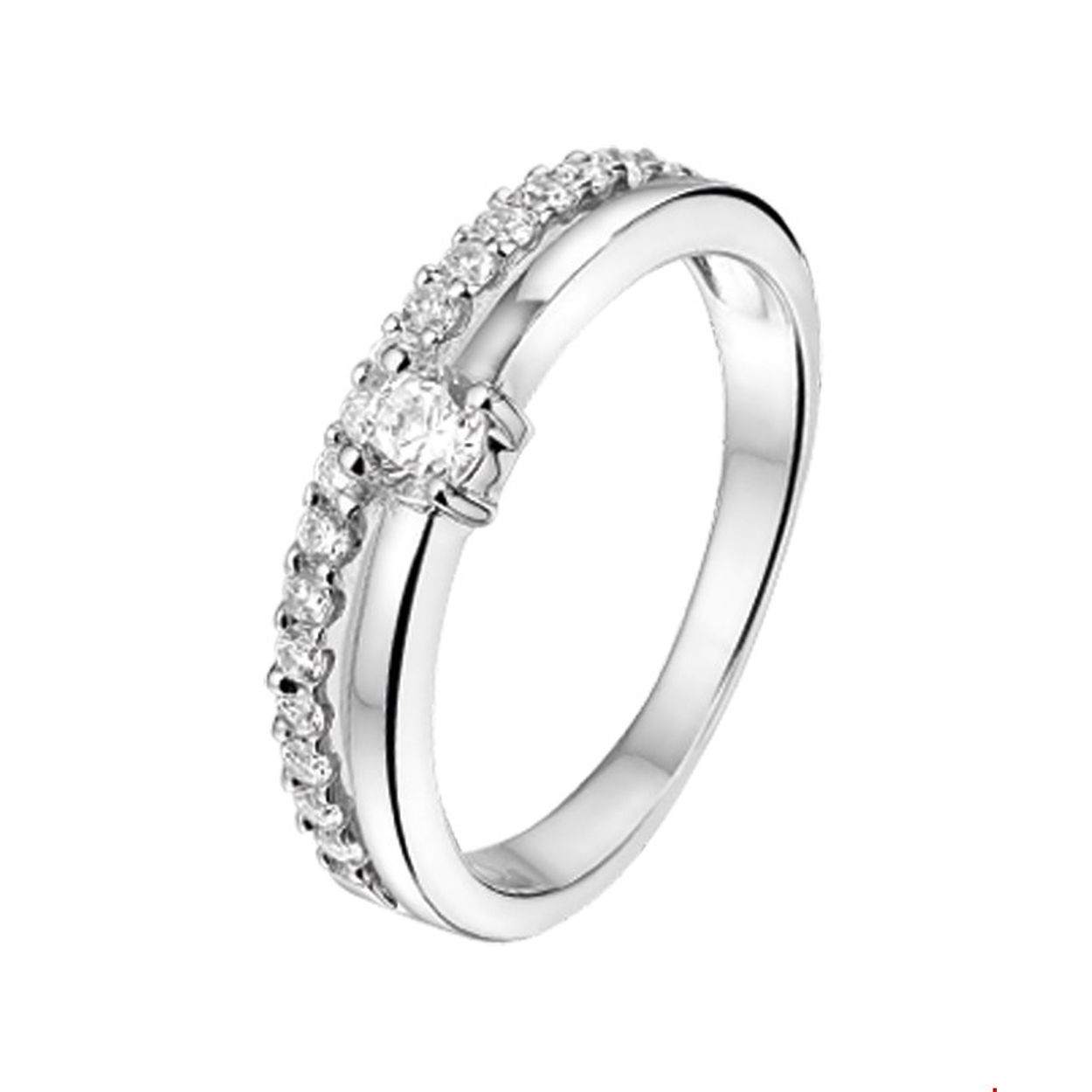 Beschrijving: Gerhodineerd zilveren ring met zirkonia. 
Uniekenummer serie: 31568
Verpakt per: 1
Doelgroep: dames
Ringmaat: 17.25 mm (54)
Breedte: 5 mm
Zetting: entourage (rijzetting)