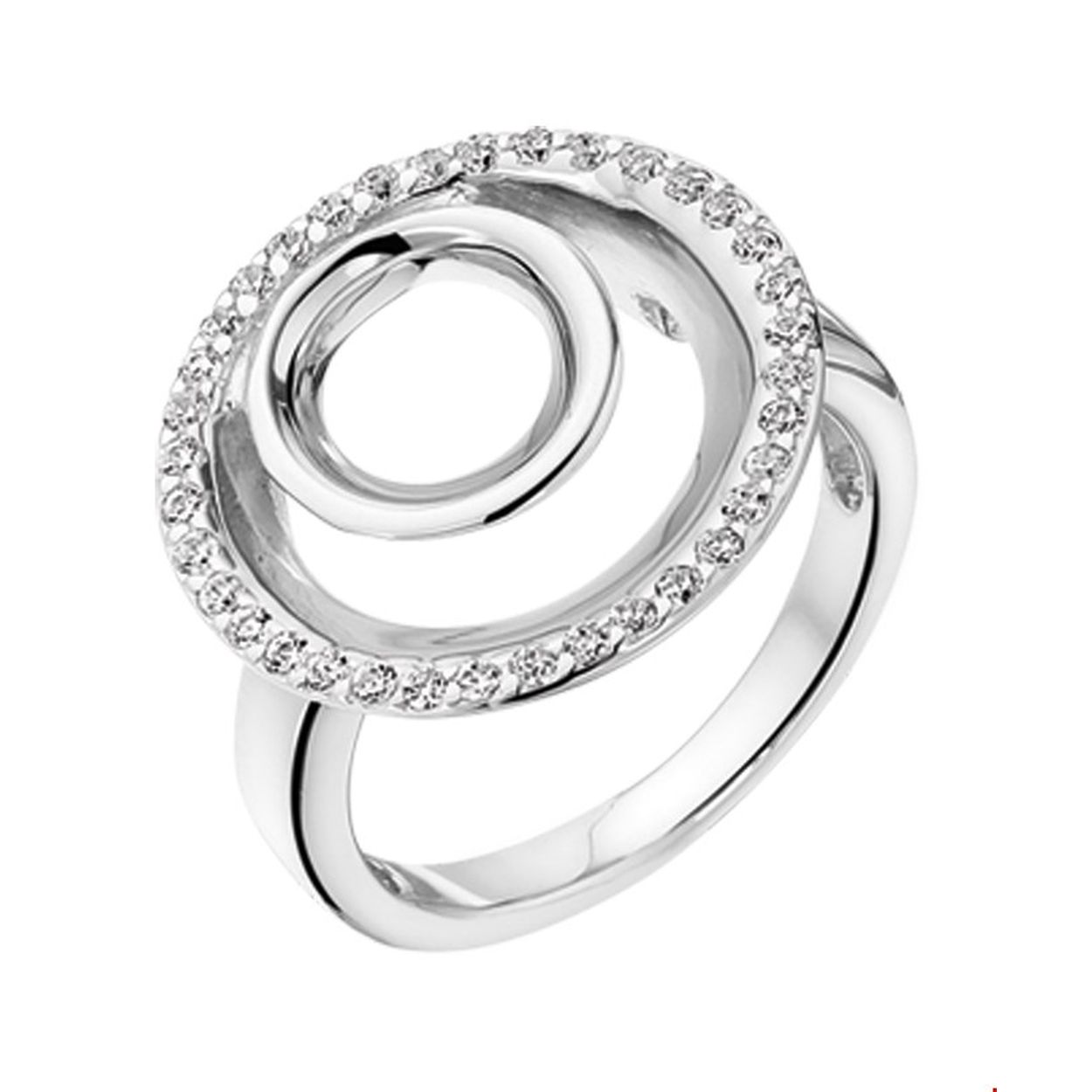 Gerhodineerd zilveren ring met zirkonia. 
Breedte: 17 mm Zetting: entourage (rijzetting)