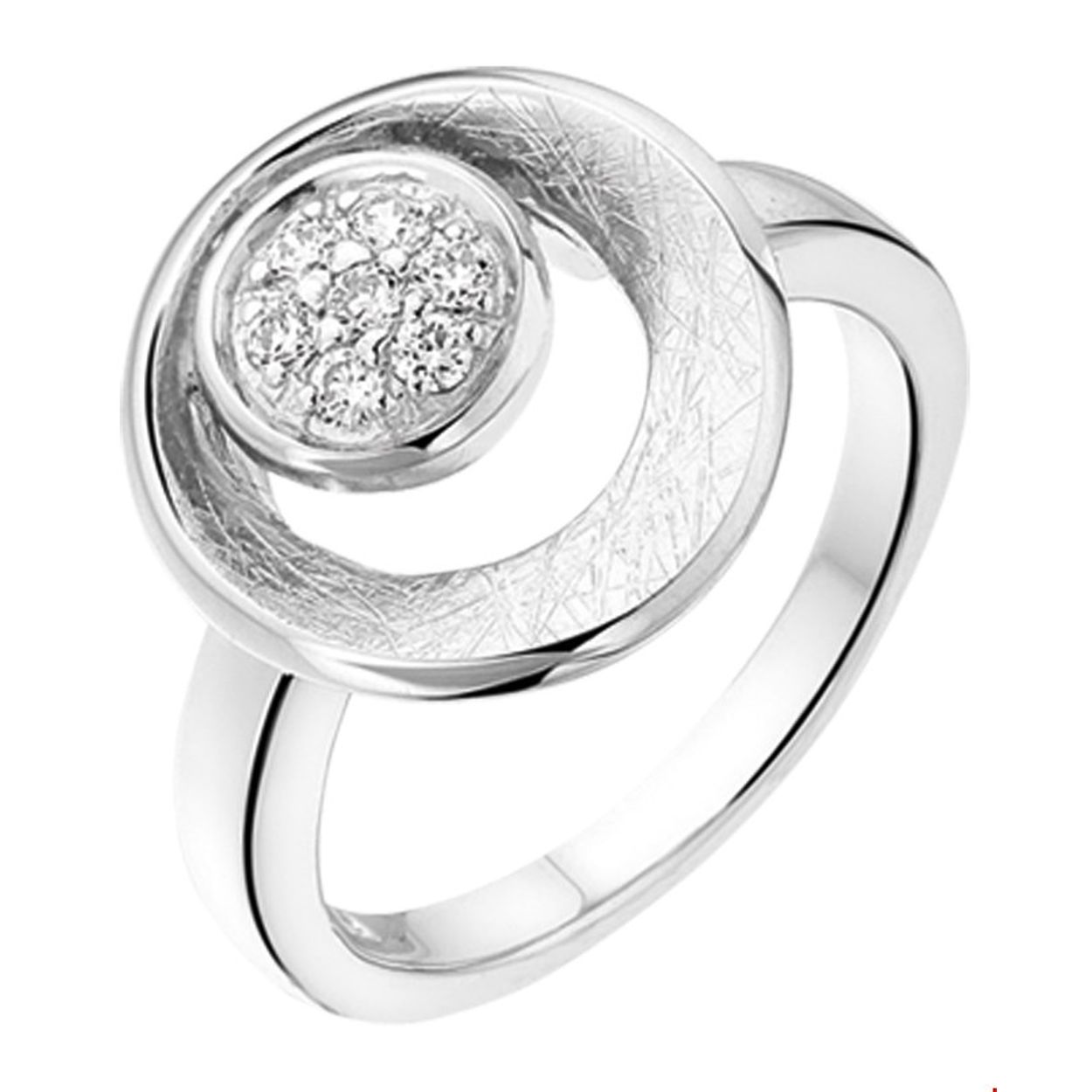 Beschrijving: Gerhodineerd zilveren ring met zirkonia. 
Uniekenummer serie: 32095
Verpakt per: 1
Doelgroep: dames
Ringmaat: 17.25 mm (54)
Breedte: 14 mm
Zetting: pave