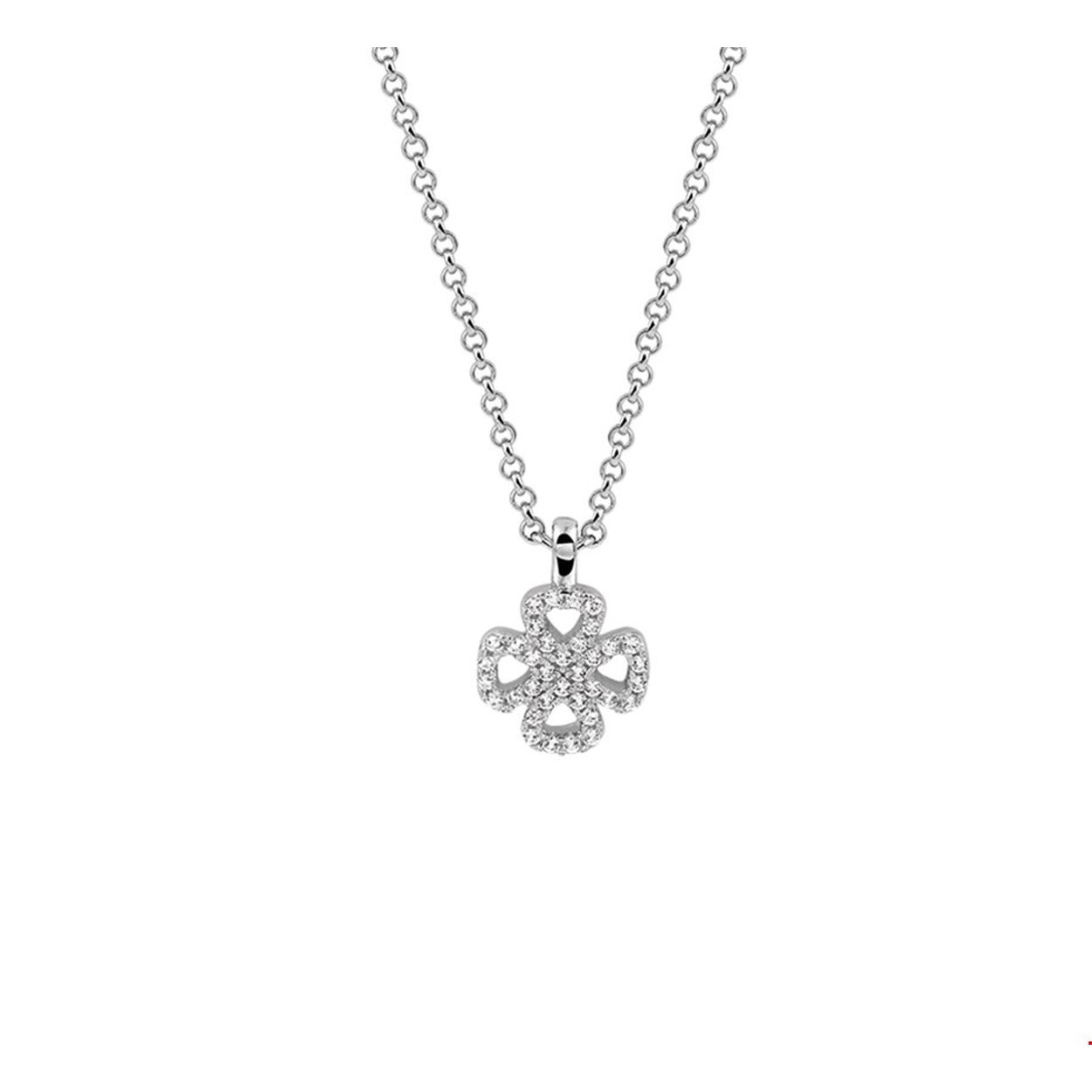 Beschrijving: Gerhodineerd zilveren collier met een bloem van zirkonia. De lengte bedraagt 41cm met 4cm extensie en de schakelbreedte is 1.5mm. 
Verpakt per: 1
Doelgroep: dames
Breedte: 9.5 mm
Kortste lengte: 41 mm
Langste lengte: 45 mm
Hoogte: 14 mm