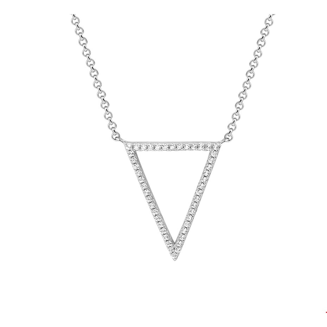 Beschrijving: Gerhodineerd zilveren collier met een driehoek van zirkonia. De lengte bedraagt 41cm met 4cm extensie en de schakelbreedte is 1.5mm. 
Verpakt per: 1
Doelgroep: dames
Breedte: 18 mm
Kortste lengte: 41 mm
Langste lengte: 45 mm
Hoogte: 21 mm
Zetting: entourage (rijzetting)