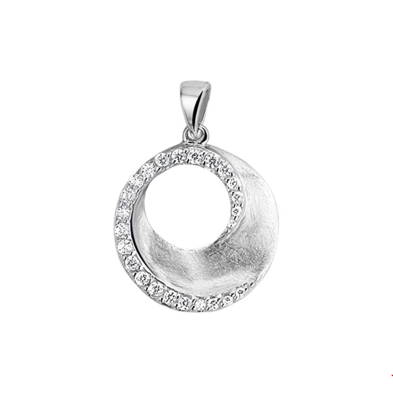 Beschrijving: Gerhodineerd zilveren hanger met zirkonia en een poli/scratch bewerking. 
Verpakt per: 1
Doelgroep: dames
Zetting: entourage (rijzetting)
