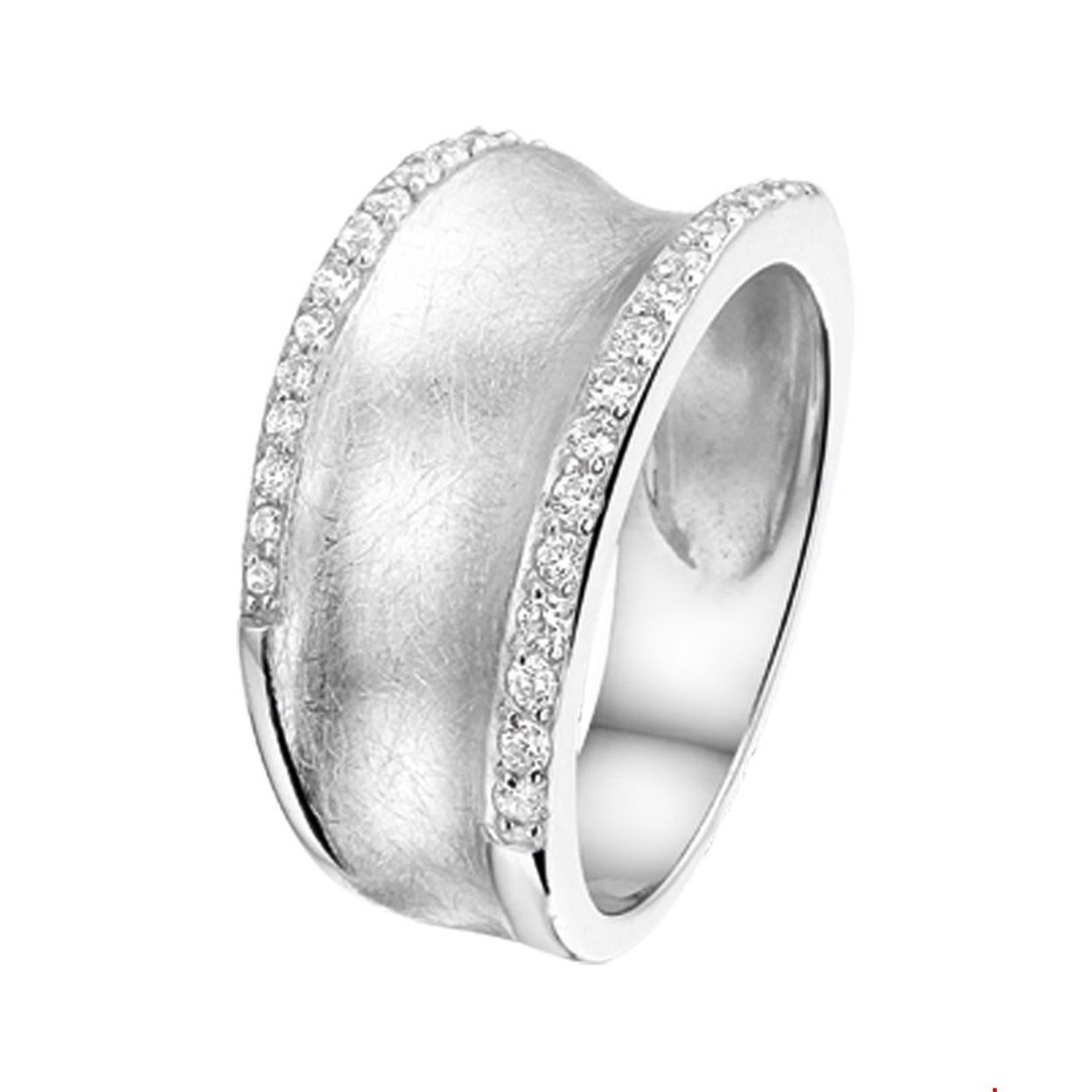 Gerhodineerd zilveren ring met zirkonia en een poli/scratch bewerking. 
Uniekenummer serie: 32544
Doelgroep: dames
Ringmaat: 17.75 mm (56)
Breedte: 10 mm
Zetting: entourage (rijzetting)