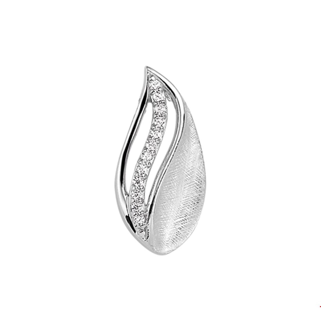 Beschrijving: Gerhodineerd zilveren hanger met zirkonia en een poli/gescratchte bewerking. 
Verpakt per: 1
Doelgroep: dames
Breedte: 10.5 mm
Hoogte: 21 mm
Zetting: entourage (rijzetting)
