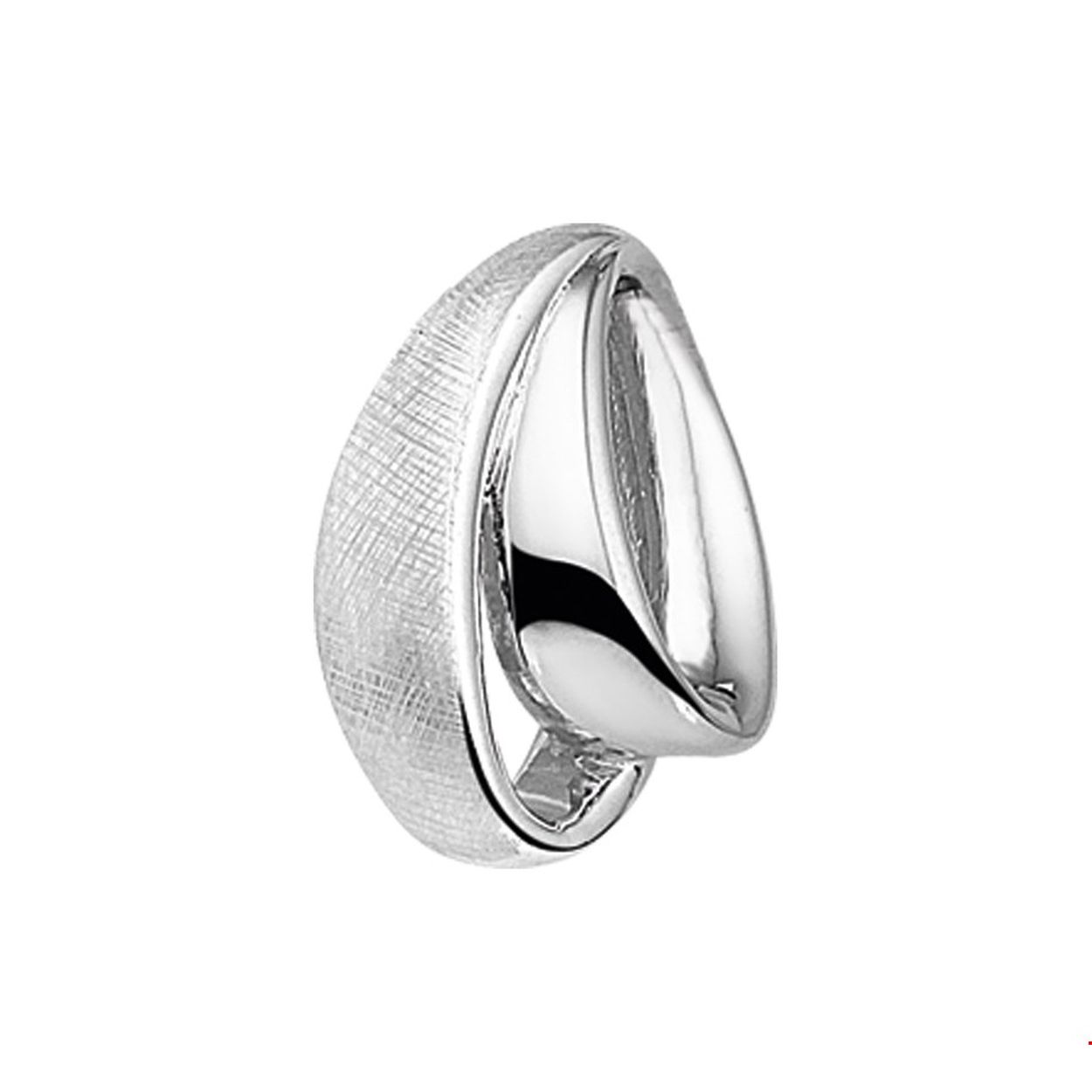 Beschrijving: Gerhodineerd zilveren hanger met een poli/gescratchte bewerking. 
Doelgroep: dames
Breedte: 12.5 mm
Hoogte: 19 mm