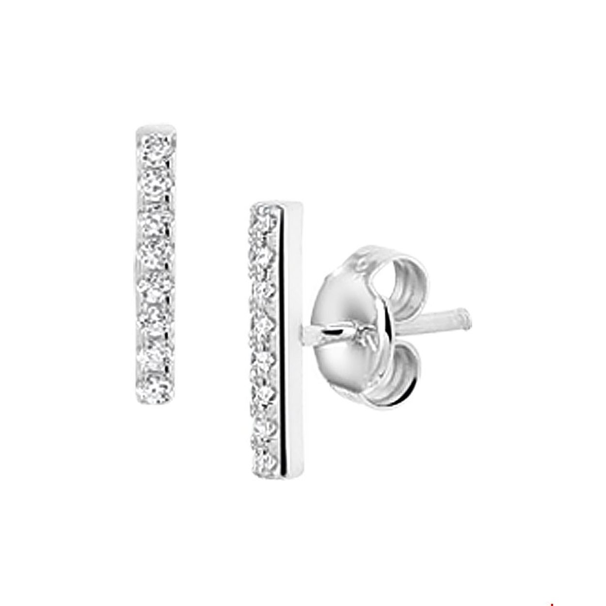 Beschrijving: Gerhodineerd zilveren oorknoppen met zirkonia. 
Uniekenummer serie: 34669
Doelgroep: dames
Breedte: 1.5 mm
Hoogte: 11 mm
Zetting: alliance (rijzetting)