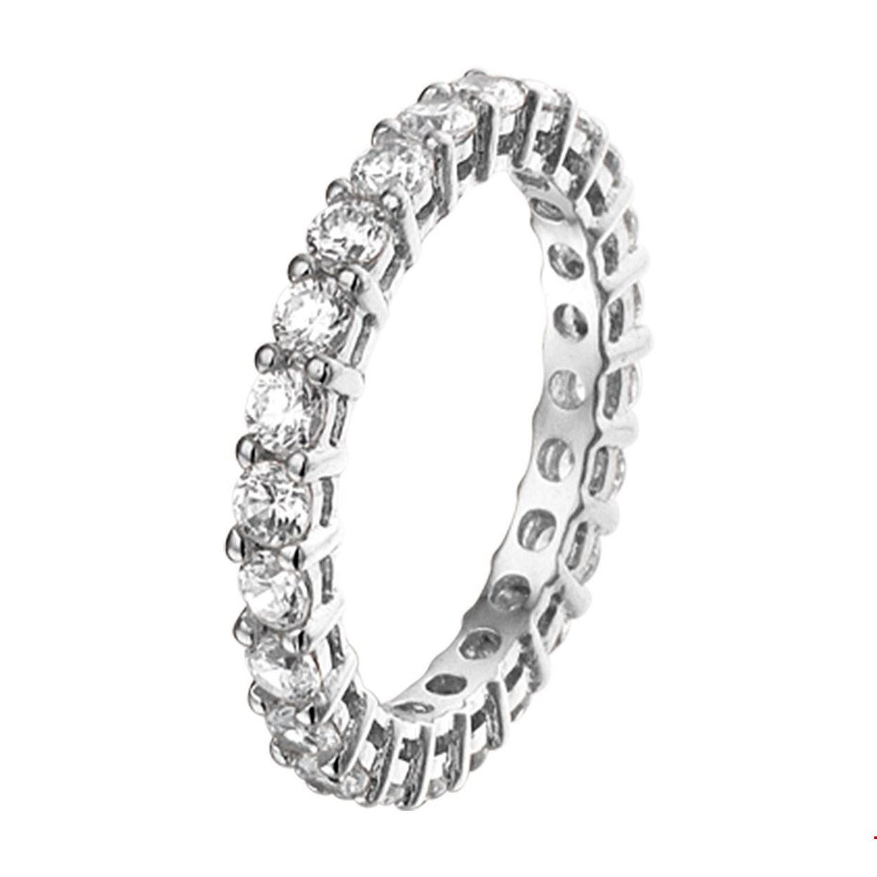 Beschrijving: Gerhodineerd zilveren ring met zirkonia. 
Uniekenummer serie: 34140
Verpakt per: 1
Doelgroep: dames
Ringmaat: 17.75 mm (56)
Breedte: 2.7 mm
Zetting: alliance (rijzetting)