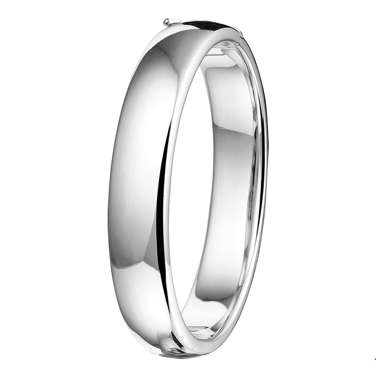 Gerhodineerd zilveren bangle met ovale buis en een scharnier-sluiting. 
Breedte: 12 mm