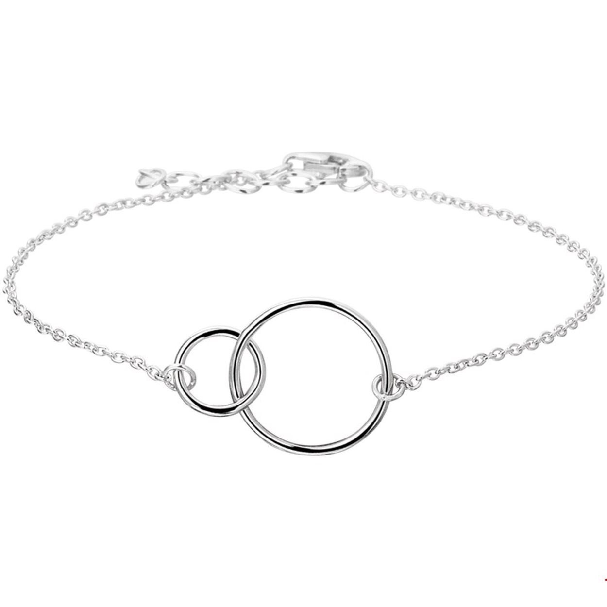 Gerhodineerd zilveren armband met open cirkels. De lengte bedraagt 16cm met 2.5cm extensie en de schakelbreedte is 1.3mm. 
Doelgroep: dames
Breedte: 1.3 mm
Kortste lengte: 16 cm
Langste lengte: 18.5 cm