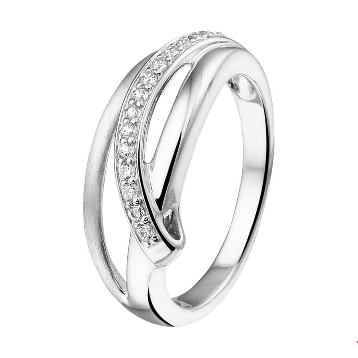 Beschrijving: Gerhodineerd zilveren ring met zirkonia en een poli/matte afwerking. 
Uniekenummer serie: 34772
Verpakt per: 1
Doelgroep: dames
Ringmaat: 18.50 mm (58)
Breedte: 8.5 mm
Zetting: entourage (rijzetting)