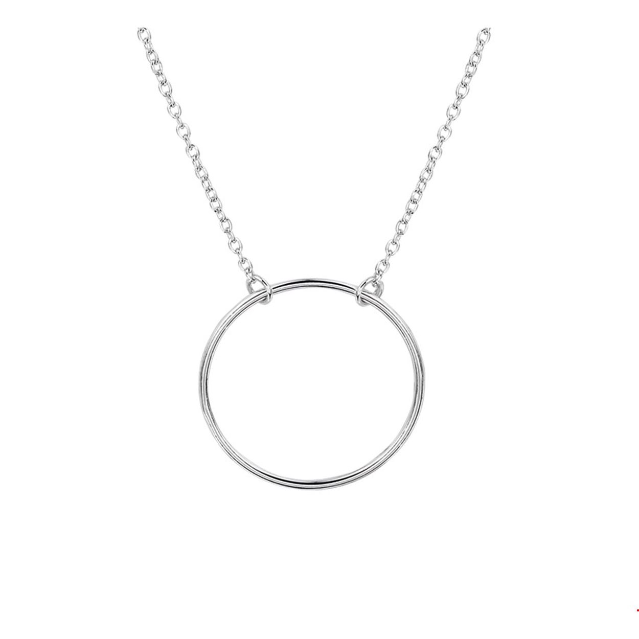 Beschrijving: Gerhodineerd zilveren collier met een open cirkel. De lengte bedraagt 41cm met 4cm extensie. 
Doelgroep: dames
Breedte: 20 mm
Kortste lengte: 41 cm
Langste lengte: 45 cm