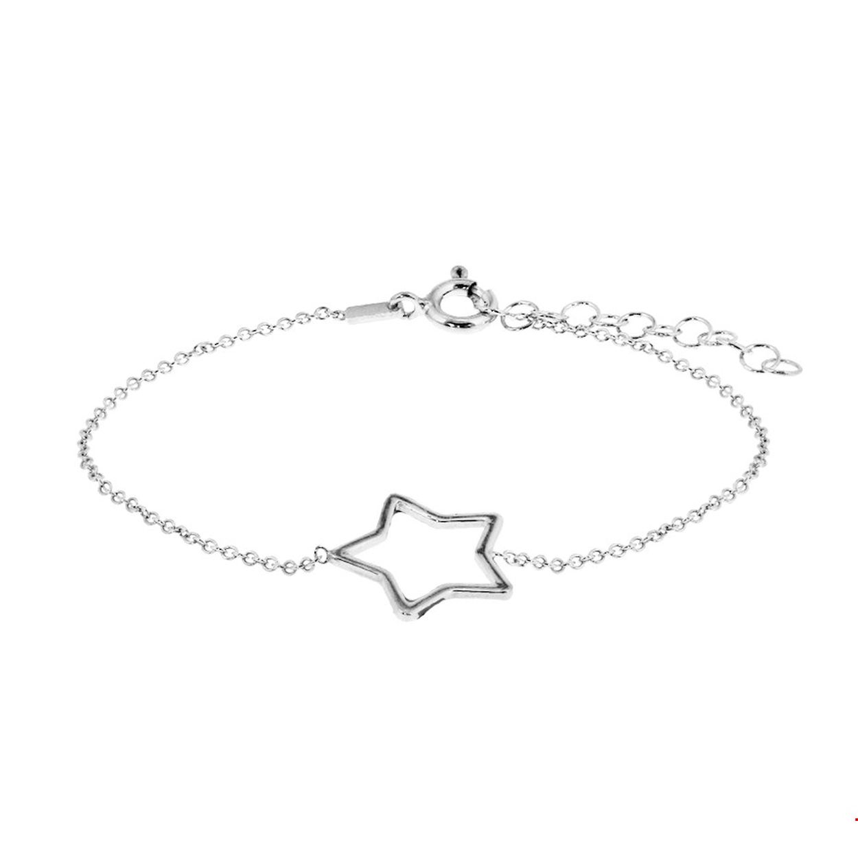 Beschrijving: Gerhodineerd zilveren armband met een open ster. De lengte bedraagt 16cm met 3cm extensie en de schakelbreedte is 1.3mm. 
Verpakt per: 1
Doelgroep: dames
Breedte: 1.3 mm
Kortste lengte: 16 mm
Langste lengte: 19 mm
