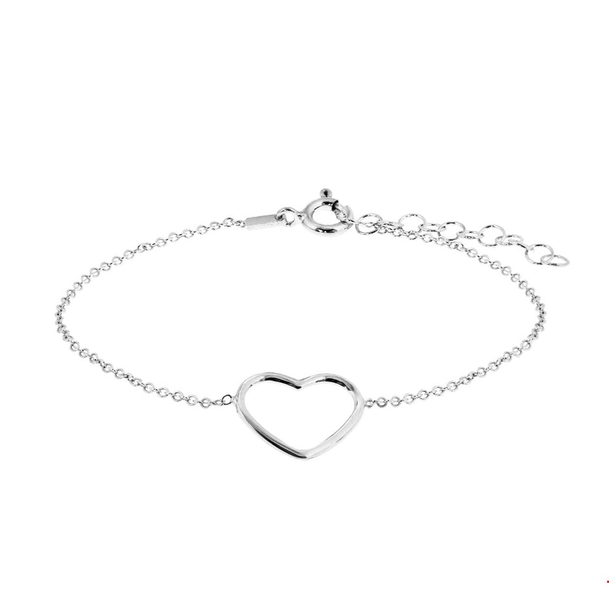 Beschrijving: Gerhodineerd zilveren armband met open hartje. De lengte bedraagt 16cm met 3cm extensie en de schakelbreedte is 1.3mm. 
Verpakt per: 1
Doelgroep: dames
Breedte: 1.3 mm
Kortste lengte: 16 mm
Langste lengte: 19 mm