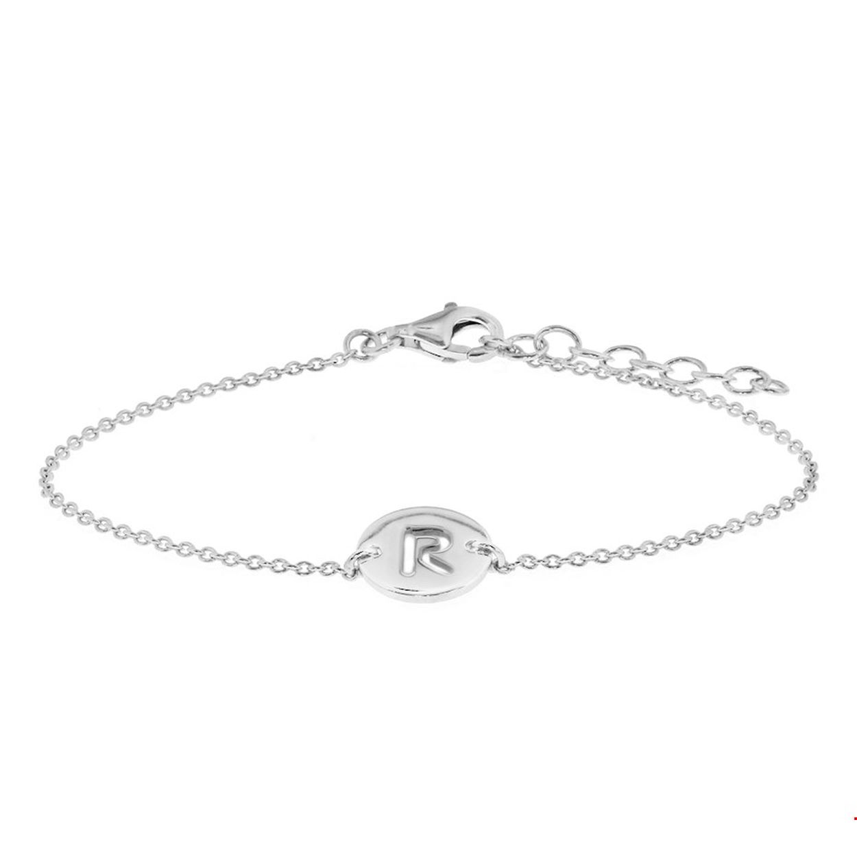Gerhodineerd 925 zilveren armband met een ronde hanger van 10mm met de letter R. De armband heeft een draaglengte van 15.5cm met een extensie van 2.5cm en een karabijn sluiting.