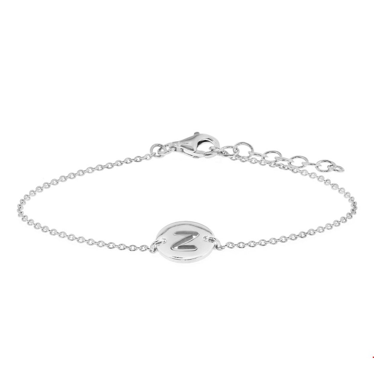 Gerhodineerd 925 zilveren armband met een ronde hanger van 10mm met de letter Z. De armband heeft een draaglengte van 15.5cm met een extensie van 2.5cm en een karabijn sluiting.