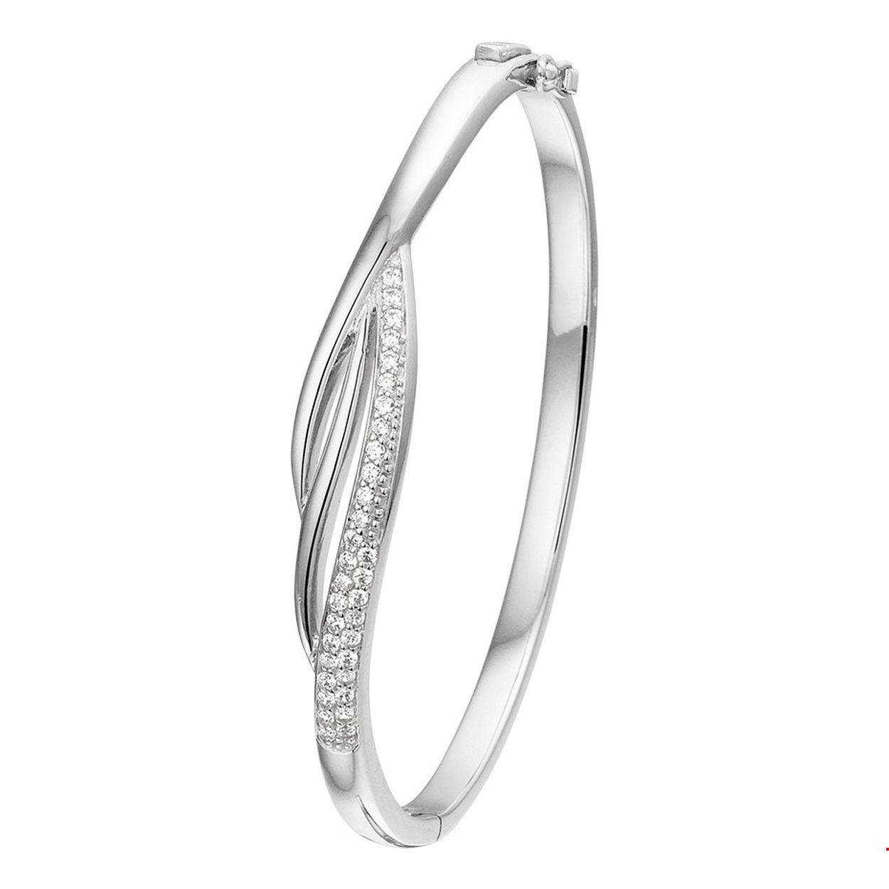 Beschrijving: Gerhodineerd zilveren slavenarmband met zirkonia. 
Verpakt per: 1
Doelgroep: dames
Breedte: 9 mm
Zetting: pave