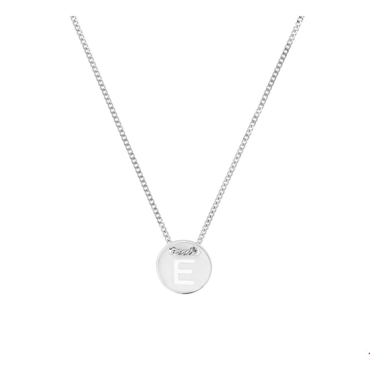 Gerhodineerd zilveren collier met de letter E. De lengte bedraagt 41cm met 4cm extensie en de schakelbreedte is 1.3mm.