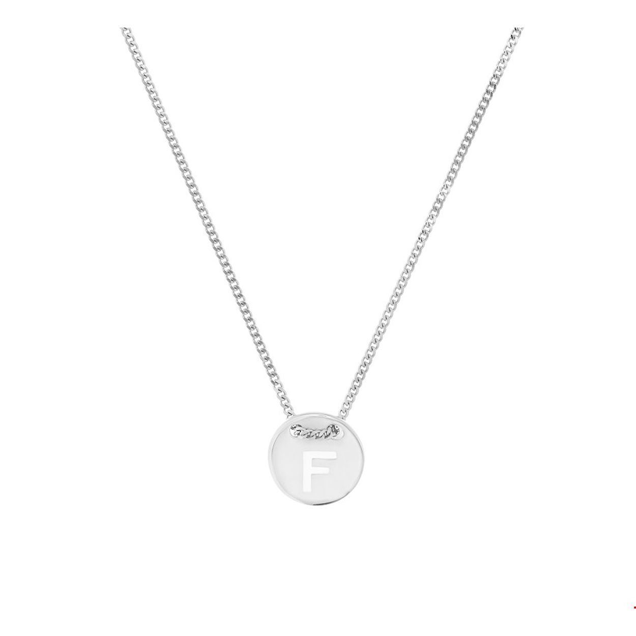 Gerhodineerd zilveren collier met de letter F. De lengte bedraagt 41cm met 4cm extensie en de schakelbreedte is 1.3mm.