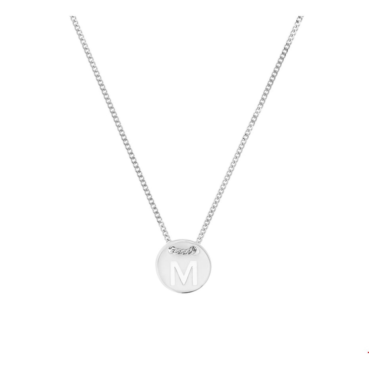 Gerhodineerd zilveren collier met de letter M. De lengte bedraagt 41cm met 4cm extensie en de schakelbreedte van de gourmet schakel  is 1.3mm.