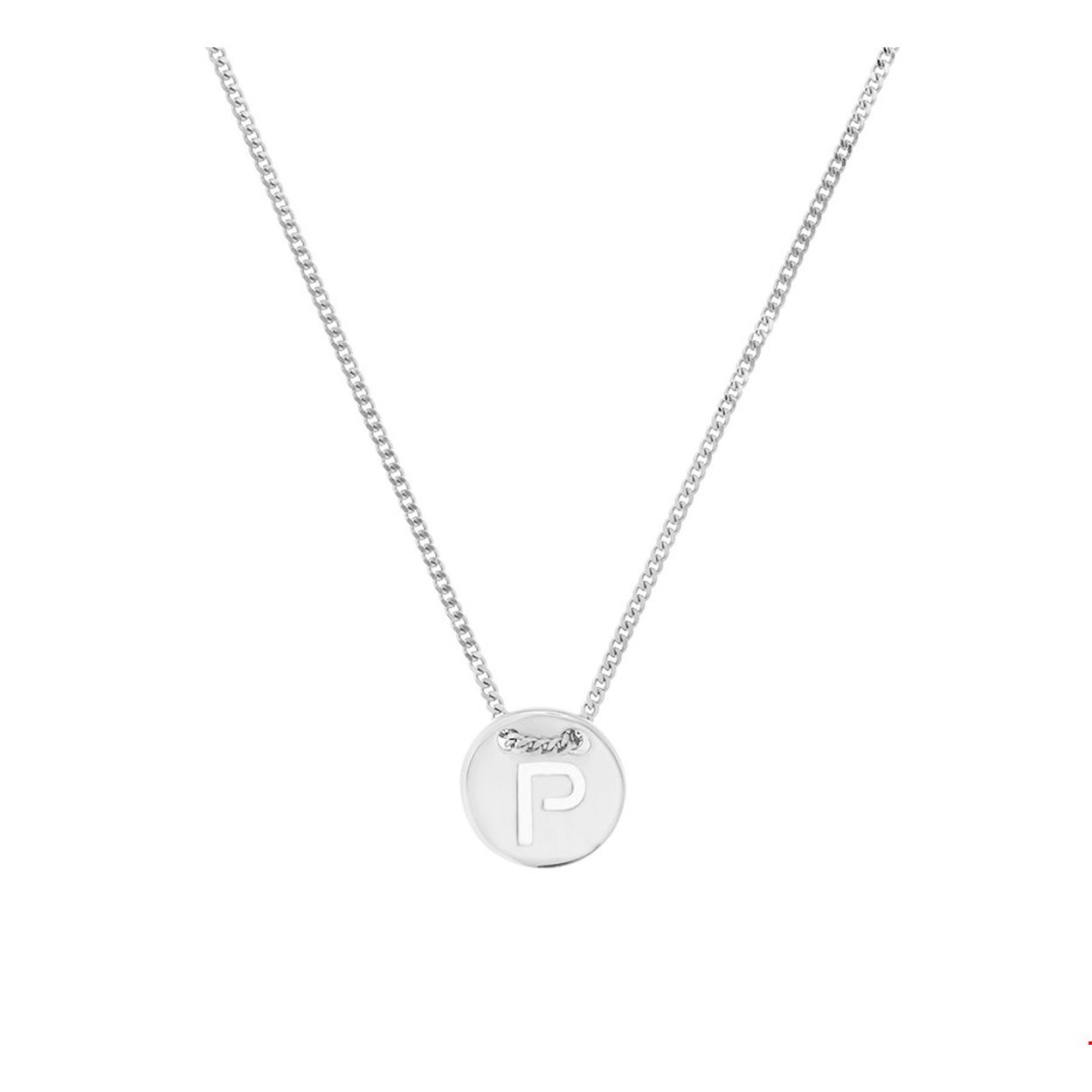Gerhodineerd zilveren collier met de letter P. De lengte bedraagt 41cm met 4cm extensie en de schakelbreedte is 1.3mm.