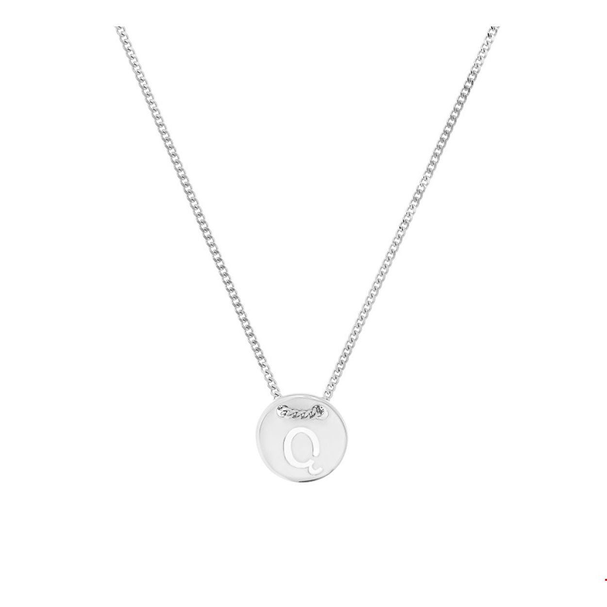 Gerhodineerd zilveren collier met de letter Q. De lengte bedraagt 41cm met 4cm extensie en de schakelbreedte is 1.3mm.