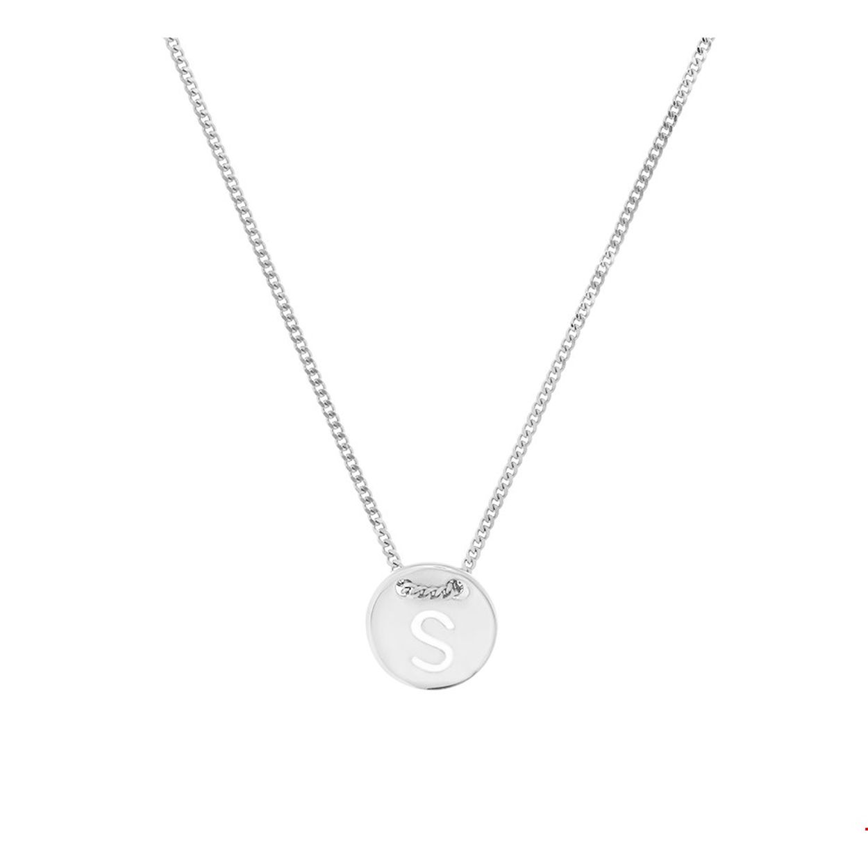 Gerhodineerd zilveren collier met de letter S. De lengte bedraagt 41cm met 4cm extensie en de schakelbreedte is 1.3mm.
