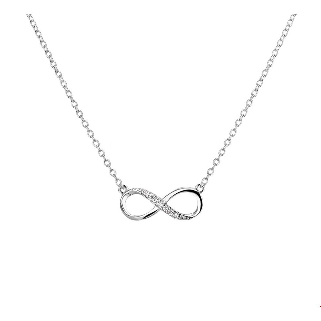 Infinity is het symbool van nu. Dit fijne collier van gerhodineerd zilver kan daarom echt niet ontbreken in jouw sieraden-stash! Maak het setje compleet met een bijpassende ring en armbandje! Details: Gerhodineerd zilveren collier met infinity teken en zirkonia. Het collier is onderdeel van een set. De lengte bedraagt 36cm met 4cm extensie en de schakelbreedte is 1.2mm. 
Doelgroep: dames
Breedte: 6 mm
Kortste lengte: 36 cm
Langste lengte: 40 cm
Hoogte: 15 mm