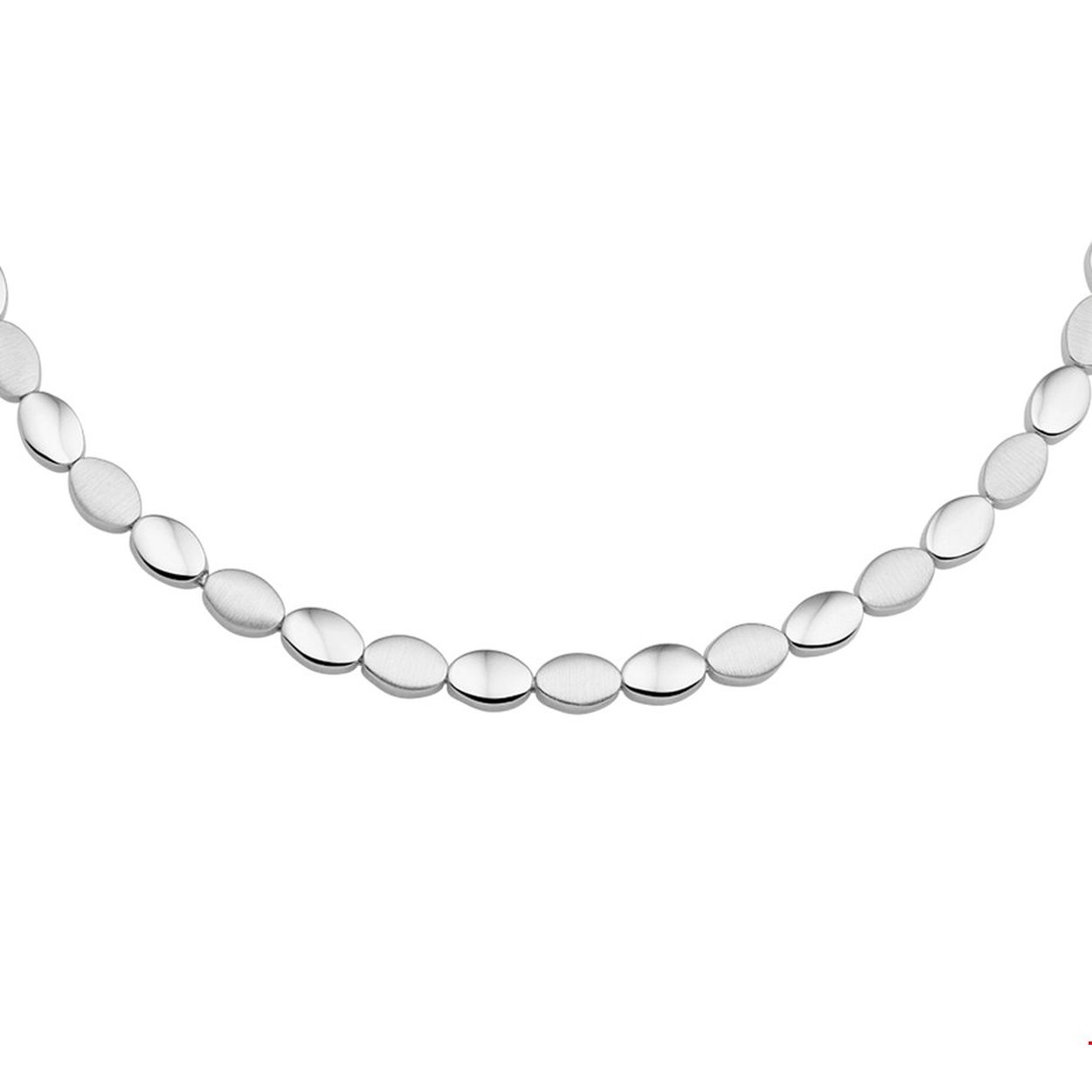 Gerhodineerd zilveren collier met een poli/matte afwerking.

Gender: dames
Breedte: 7 mm
Langste lengte: 43 mm