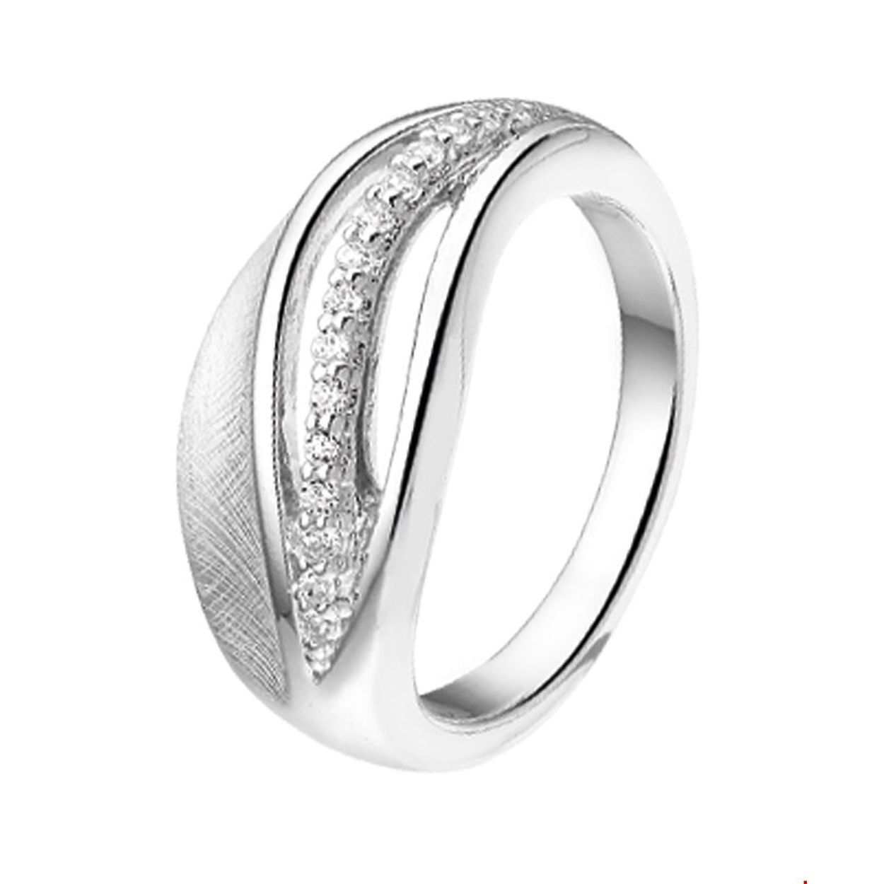 Beschrijving: Gerhodineerd zilveren ring met zirkonia en een poli/gescratchte bewerking. 
Uniekenummer serie: 36963
Verpakt per: 1
Doelgroep: dames
Ringmaat: 17.25 mm (54)
Breedte: 8.5 mm
Zetting: entourage (rijzetting)