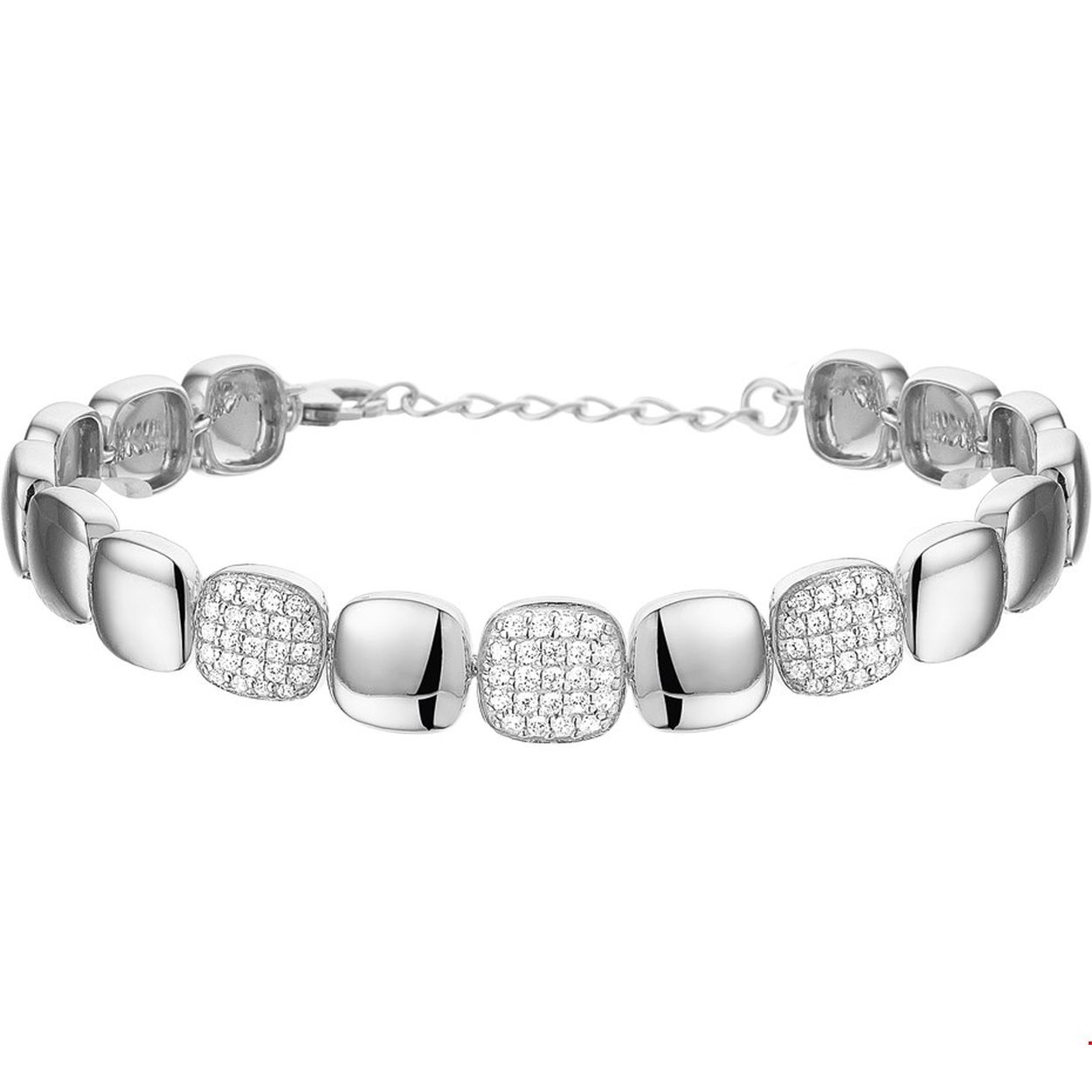 Zilveren armband met pavé zirconia in vierkanten.
breedte: 8.3 mm
kortste lengte: 17.5 mm
langste lengte: 20.5 mm
zetting: pave