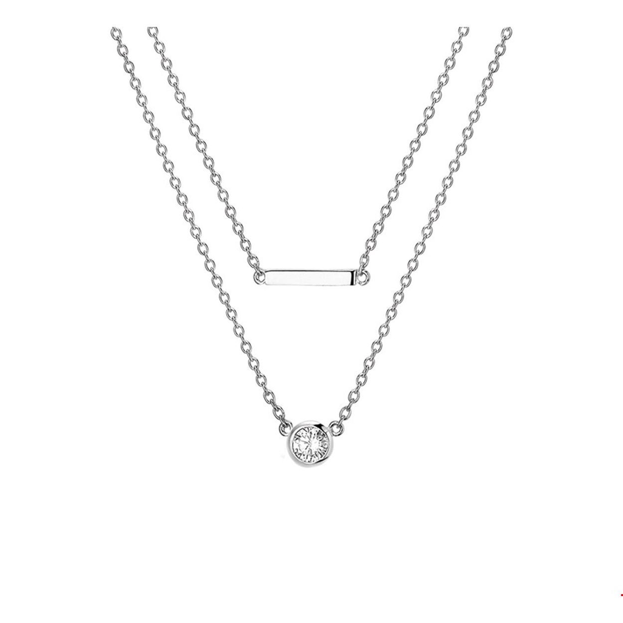 Gerhodineerd dubbel collier met zirkonia. De lengte bedraagt 41cm met 4cm extensie. 
Breedte: 13.5 mm
Kortste lengte: 41 mm
Langste lengte: 45 mm
Hoogte: 13 mm
Zetting: solitaire (kastzetting)