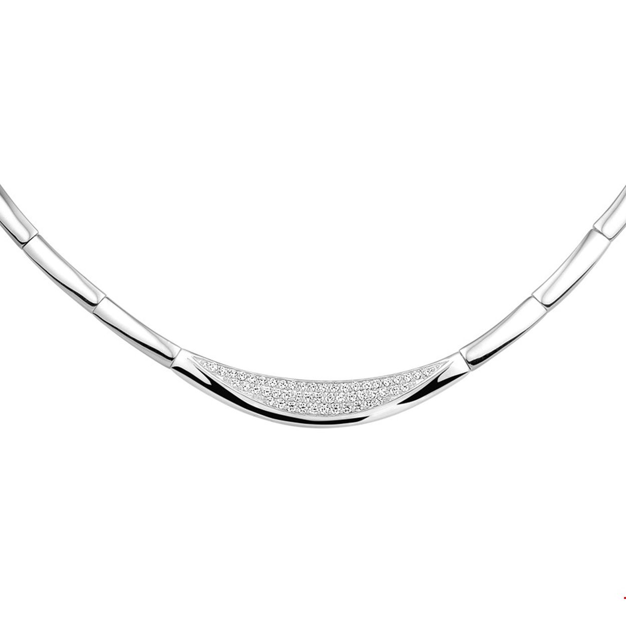 Beschrijving: Gerhodineerd zilveren collier met zirkonia. De lengte van het collier bedraagt 42cm met 3cm extensie. 
Doelgroep: dames
Breedte: 7.5 mm
Kortste lengte: 42 cm
Langste lengte: 45 cm
Zetting: pave
