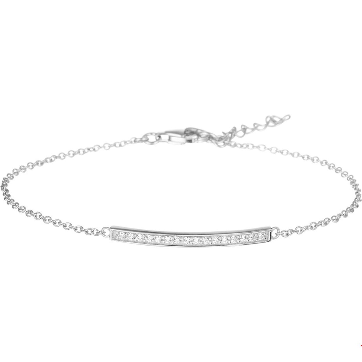 Gerhodineerd zilveren armband met zirkonia. De lengte bedraagt 16.5cm met 2.5cm extensie en de schakelbreedte is 1.3mm.
Breedte: 26.5 mm Kortste lengte: 16.5 cm Langste lengte: 19 cm
Hoogte: 2.5 mm
Zetting: alliance (rijzetting)