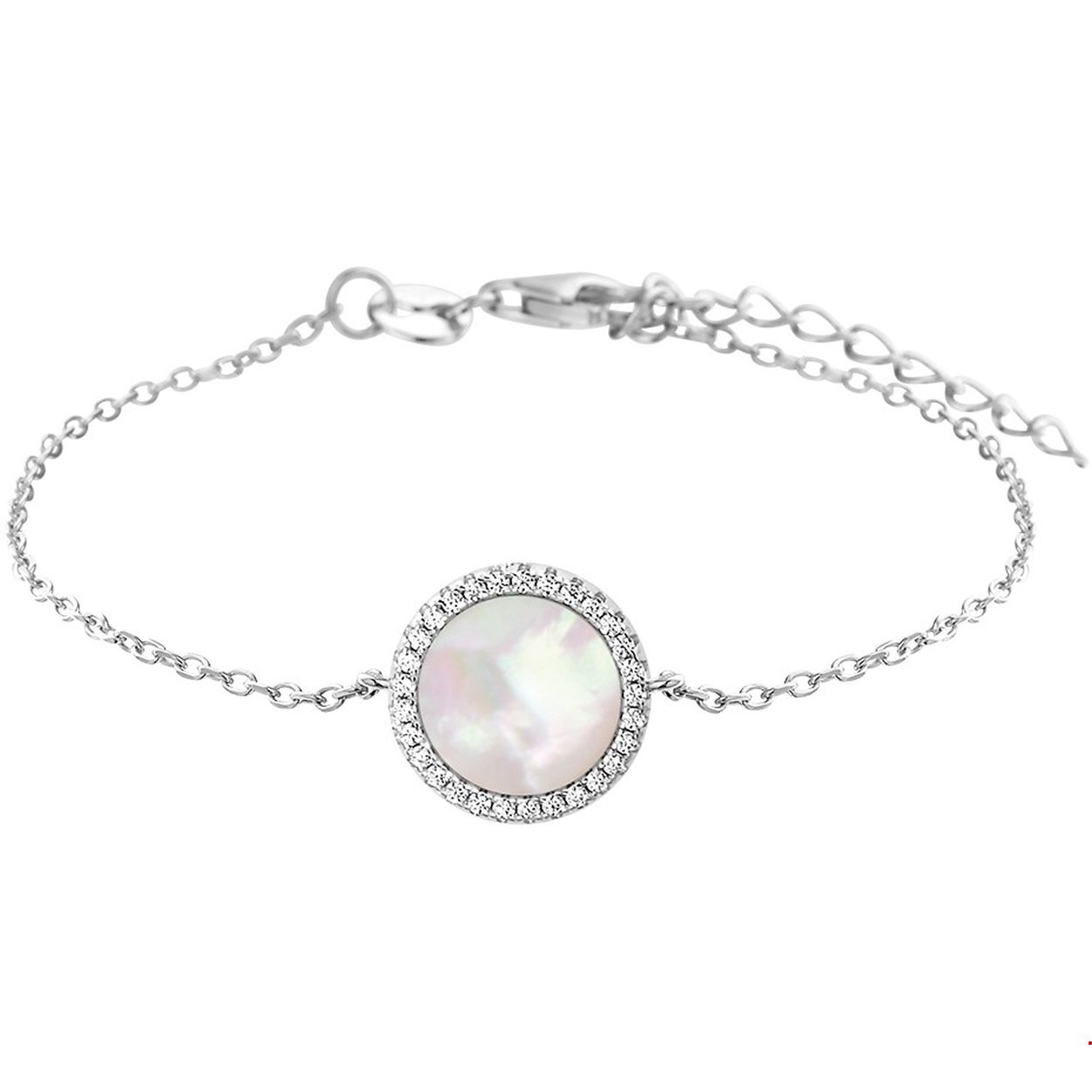 Beschrijving: Gerhodineerd zilveren armband met een parelmoer rondje en zirkonia. De lengte bedraagt 16.5cm met 3cm extensie en de schakelbreedte bedraagt 1.3mm.
Verpakt per: 1
Doelgroep: dames
Kortste lengte: 16.5 mm
Langste lengte: 19.5 mm