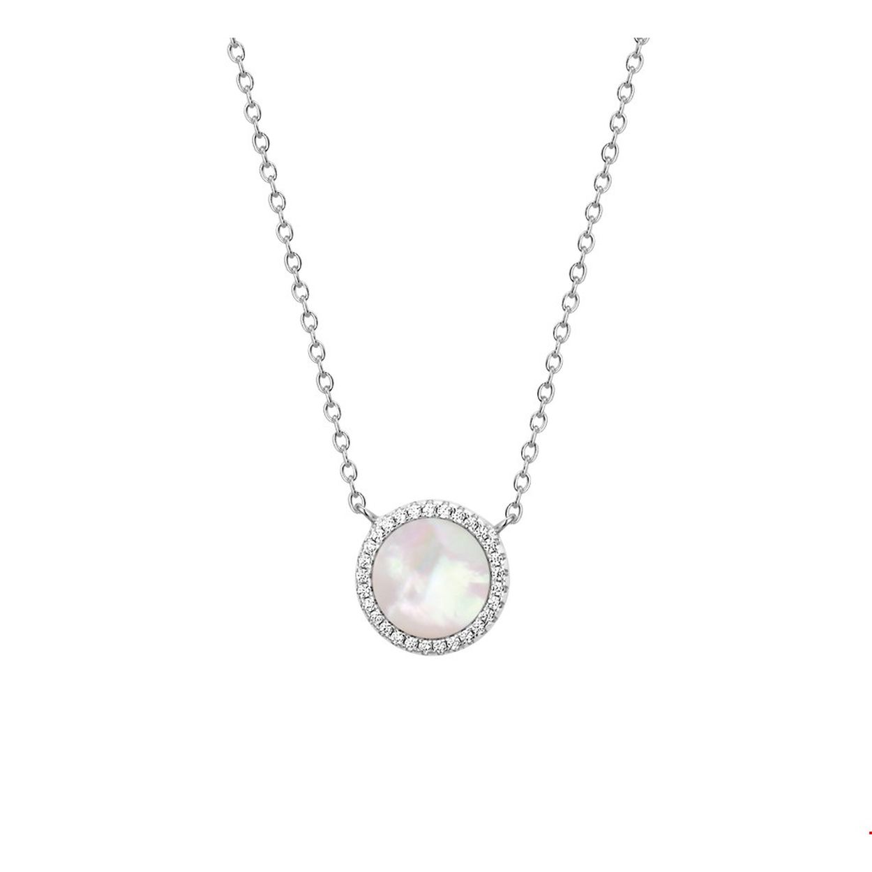 Zilveren collier met een parelmoer rondje en zirkonia. De lengte bedraagt 40cm met 5cm extensie en de schakelbreedte bedraagt 1.3mm.