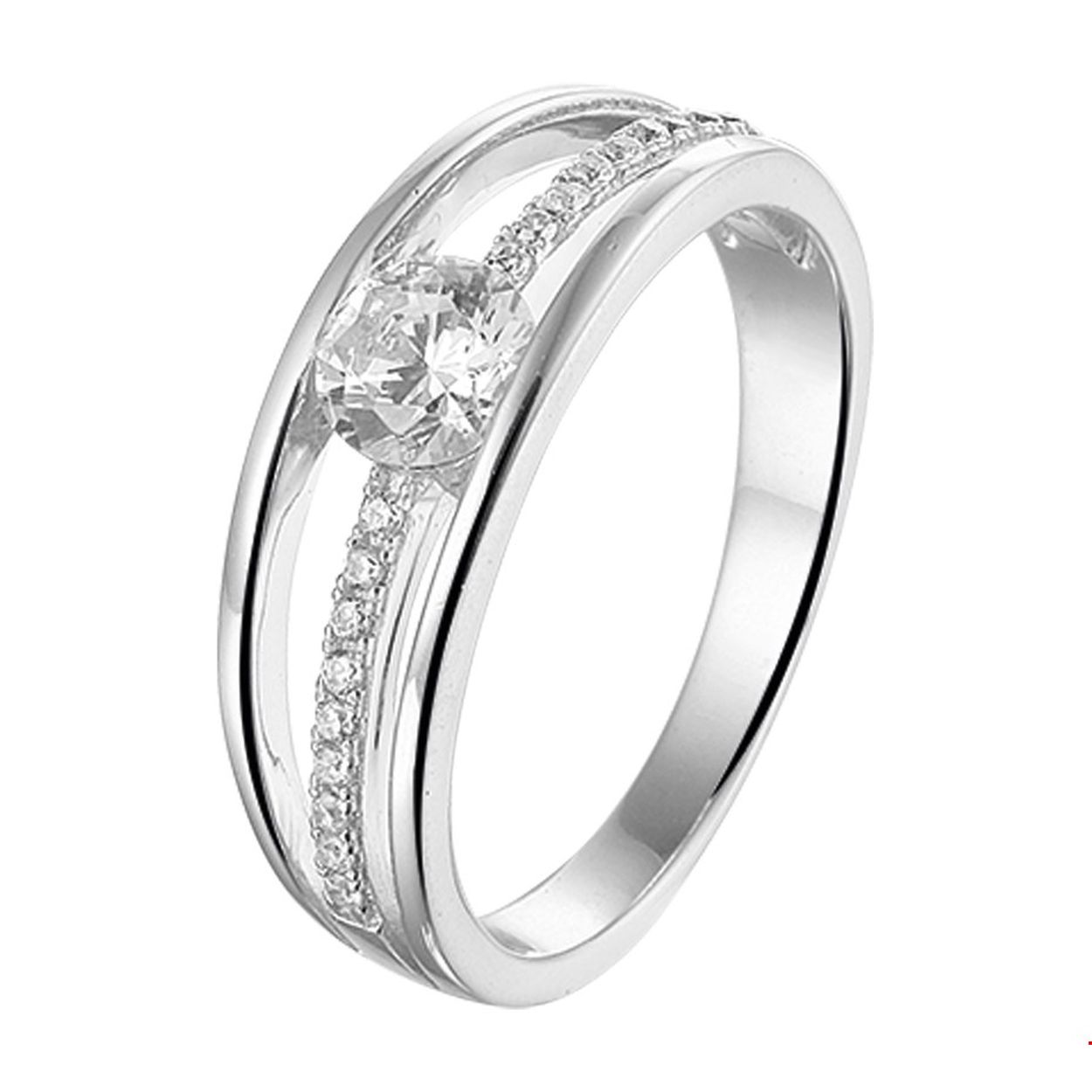 Gerhodineerd zilveren ring met zirkonia en een poli afwerking.  
Breedte: 6.5 mm
Zetting: entourage (rijzetting)