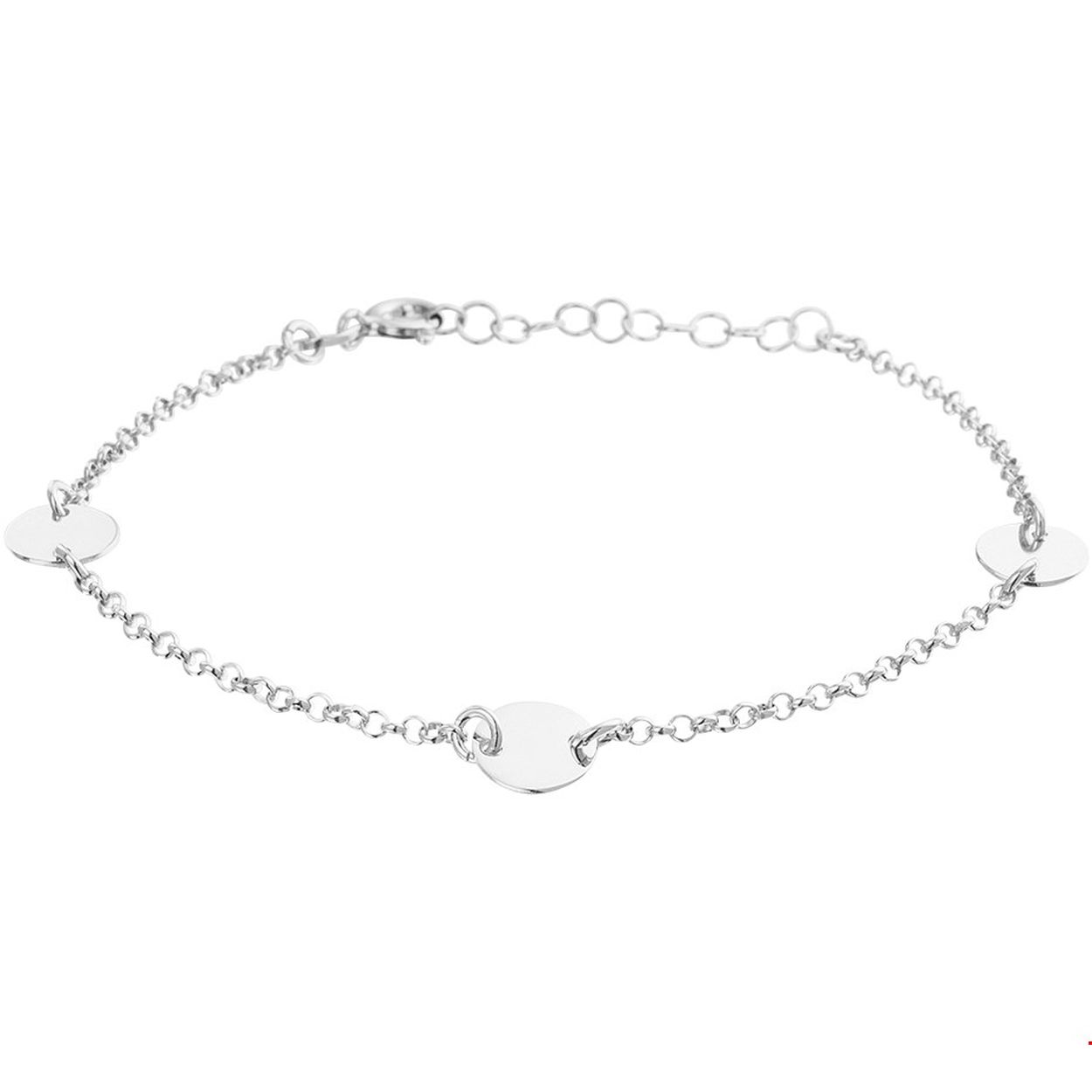 Gerhodineerd 925 zilveren armband uitgevoerd met 3 rondjes en een 2mm breed jasseron schakel van 17cm en een extensie van 3cm. De rondjes hebben diameter van 8mm. De armband is te combineren met bijpassende sieraden uit onze collectie. Tip: Leuk om kado te geven als set of afzonderlijk!. INFO: Gerhodineerd zilver is door de rhodiumlaag beter bestand tegen verkleuren en krassen.